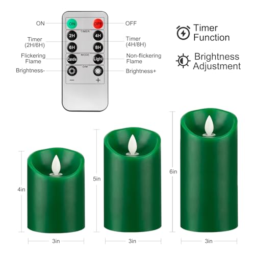 Green Flame LED Candles with Remote Control - Real Wax, Flameless, Battery Operated