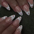 French Tip Press-On Nails Medium Almond with Lace Flowers - Style 1