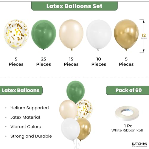 Sage Green Balloon Set - 60 Pcs with Gold & White Variations for Weddings & Parties