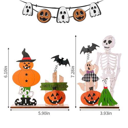 Halloween Wooden Centerpiece Signs Set - Pumpkin & Skull Table Decorations