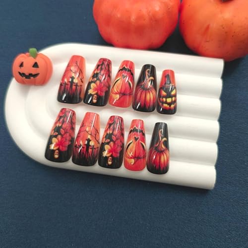 Halloween Press On Nails Coffin Short Fake Nails with Pumpkin Bat Skeleton Flower Designs - Variation 9