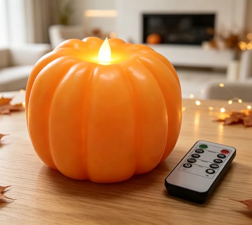 Flickering Flameless LED Pumpkin Candle - Orange Fall Decor with Remote & Timer
