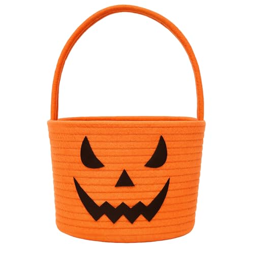 Halloween Trick or Treat Basket - Durable Cotton Rope Candy Container, 6.3x9 Inches
