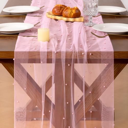 Pink Pearl-Decorated Table Runner 3 Pack 10FT Fall Tulle Gauze Boho Chic