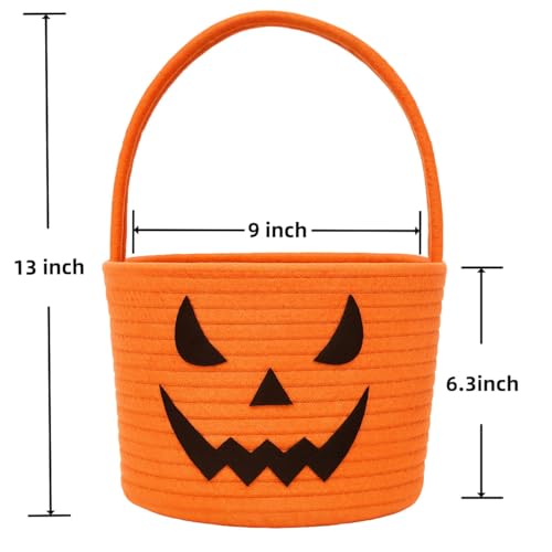 Halloween Trick or Treat Basket - Durable Cotton Rope Candy Container, 6.3x9 Inches