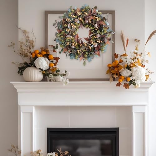 24-Inch Autumn Wreath with Maple Leaves and White Fruits for Fall Home Decor