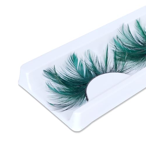 Green Feather False Eyelashes for Halloween Cosplay - Extra Long, Wispy Look - Variation: Green-8234