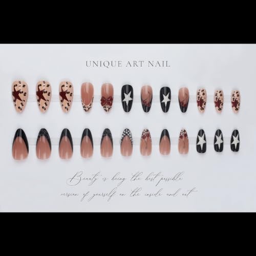 Press On Nails with French Cherry Leopard Design - Almond Fake Nails 24PCS