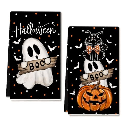 Halloween Kitchen Towels Set of 2 Ghost Cat Pumpkin Decor Microfiber Dish Towels