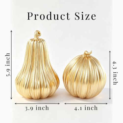 Gold Fall Pumpkin Decor - 2Pcs Resin Pumpkins for Thanksgiving & Autumn Home Decoration - Variation B