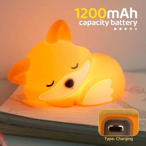 Orange Silicone Fox Night Light for Kids - Rechargeable Nursery Lamp with Timer