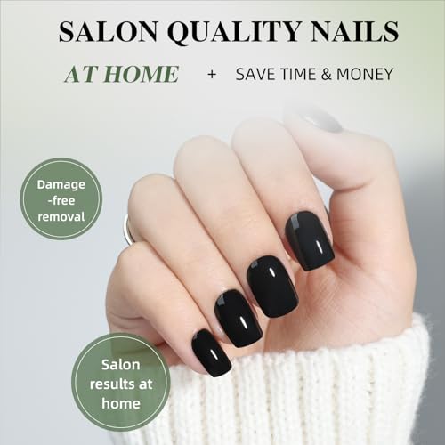 Black Press On Nails Square - Goth Short Fake Nails with Variation 6C - Pure Black