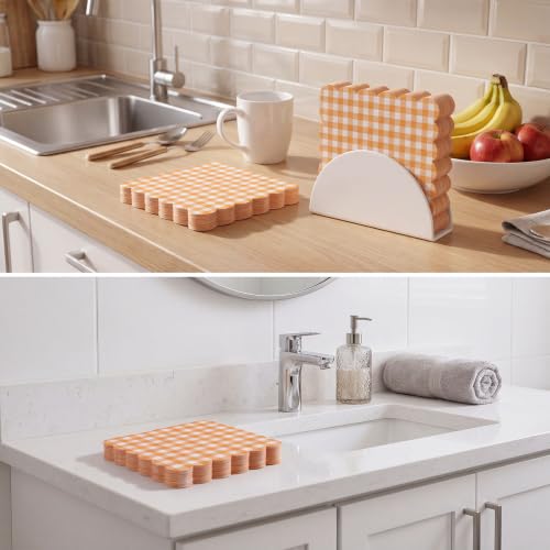 Orange Gingham Paper Napkins - Fall 6.5 Inch Scalloped 2-Ply, 80 Pack