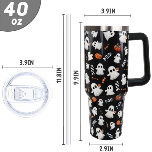 Halloween Tumbler with Handle 40oz - Cute Ghost Pumpkin Dark Aesthetic Travel Mug - Black Boo Variation