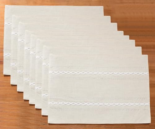 Hemstitched Ivory Cotton Linen Placemats Set of 8 - Embroidered Table Decor