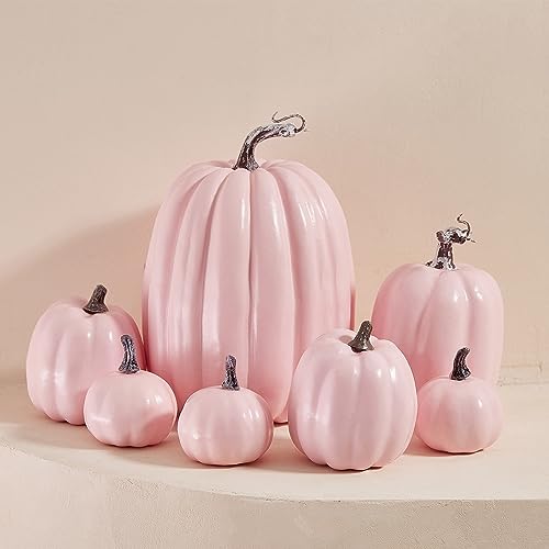 Artificial Pumpkins Set of 7 Halloween Farmhouse Decor Pink Variation