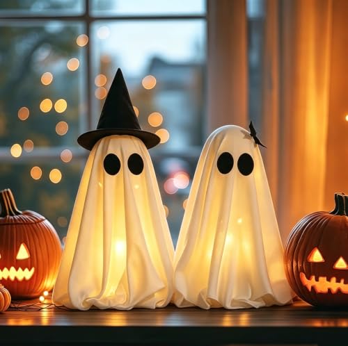 Light-Up Halloween Ghost Decorations Set - Spooky LED Tabletop Ornaments with Bow & Witch Hat, Indoor Mantel Decor, 2 Pack