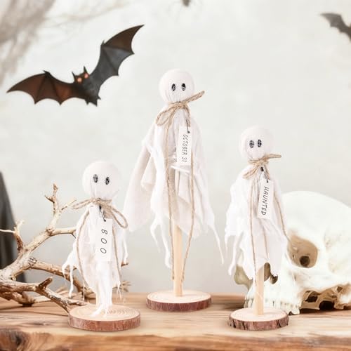 Halloween Ghost Decorations Indoor Set of 3 Rustic Wooden Stand Spooky Table Centerpieces