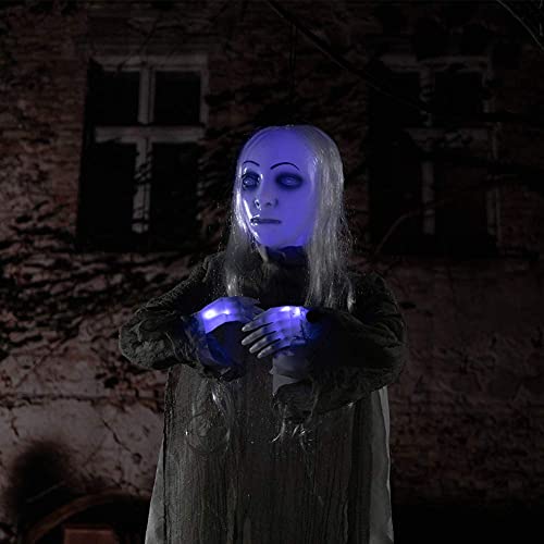 Animated Hanging Ghost Girl Halloween Decor - Glowing Head & Creepy Sounds, 48 Inch with Gray Variation