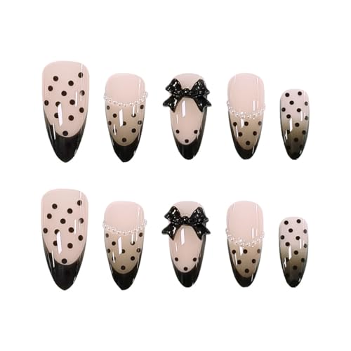 Medium Almond Press On Nails with Black French Tip & Polka Dots – Style-32