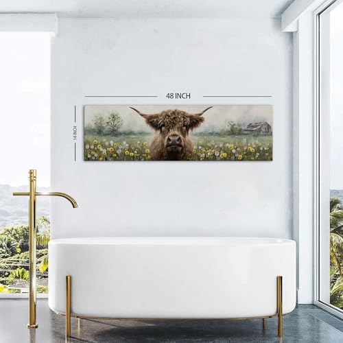 48 Inch Highland Cow Farmhouse Wall Art - Rustic Dandelion Scene for Living Room