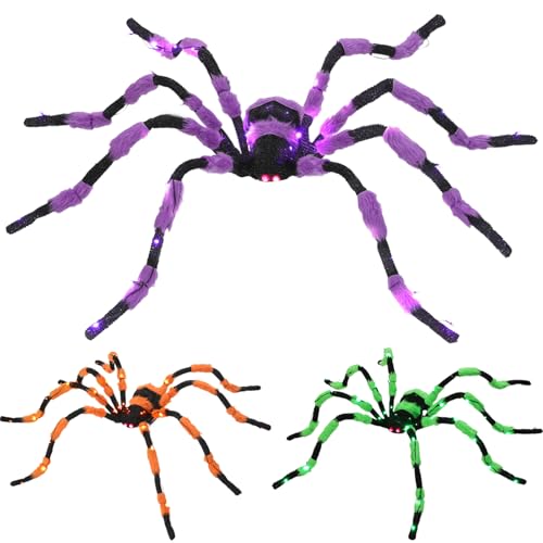 Giant Purple Halloween Spider Decoration - 60” Large Black Hairy Fake Spider with LED Lights
