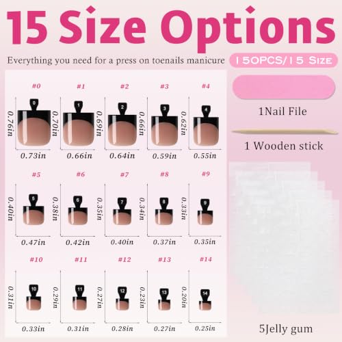 Press On Toe Nail Tips Square Black French in Nude Base - 150Pcs