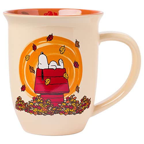 Peanuts Snoopy Fall Leaf Ceramic Mug - 16oz Wide Rim Autumn Coffee Cup - Variation of Peanuts Autumn