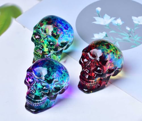 Crystal Skull Head Statue with Purple and Green Variations - Glass Figurine Home Decor