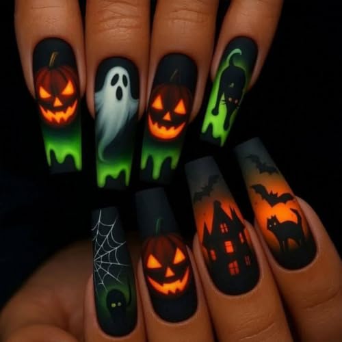 Halloween Press On Nails Long Square with Ghost Pumpkin Spider Web Cat - Style12