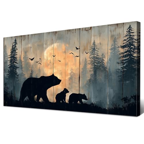 48 Inch Rustic Bear Wall Art - Farmhouse Forest Canvas Painting, Black Beers Variation