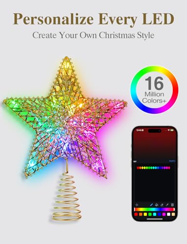 Gold Christmas Tree Topper Star with RGB LED Lights, 9 Inch Smart Remote & App Control