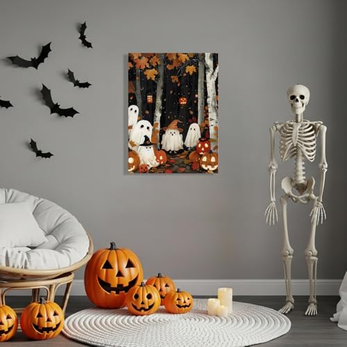 Halloween Ghost Wall Art Canvas - 24x32 Inch Framed Ghosts & Pumpkins Scene - Ghost Party Variation