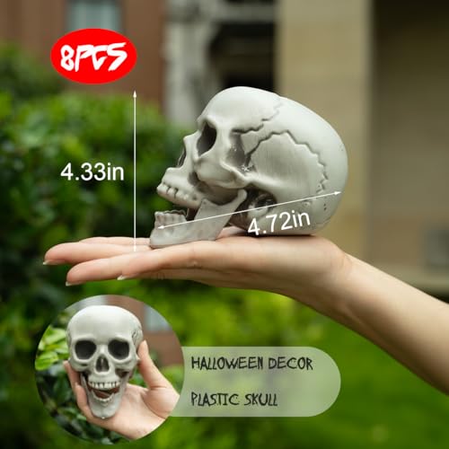 Mini Skulls Halloween Decor Set - 8 Realistic Plastic Skeletons for Crafts & Outdoor Halloween Decorations