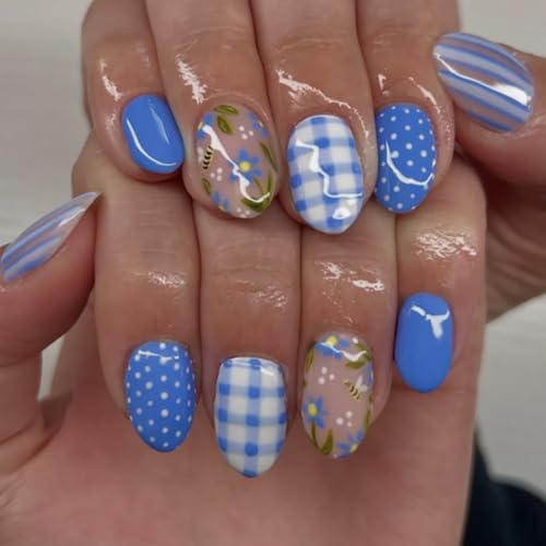Blue Press On Nails Short Almond Fake Nails with Flower Designs - Colorful Variation 9