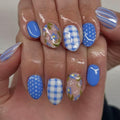 Blue Press On Nails Short Almond Fake Nails with Flower Designs - Colorful Variation 9