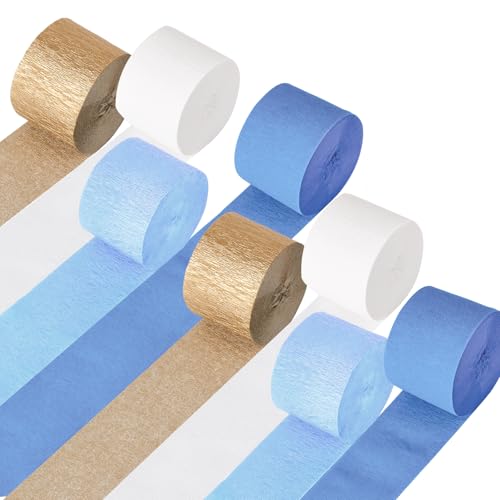Blue Gold Crepe Paper Streamers Set - 8 Rolls for Party Decorations