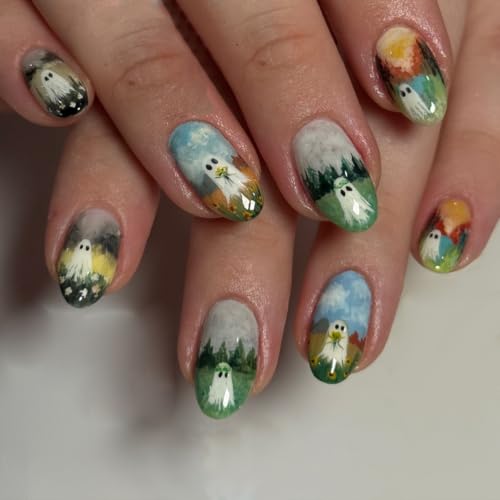 Ghost Press On Nails Short Almond Halloween Fake Nails Style19 - Reusable & Easy to Apply
