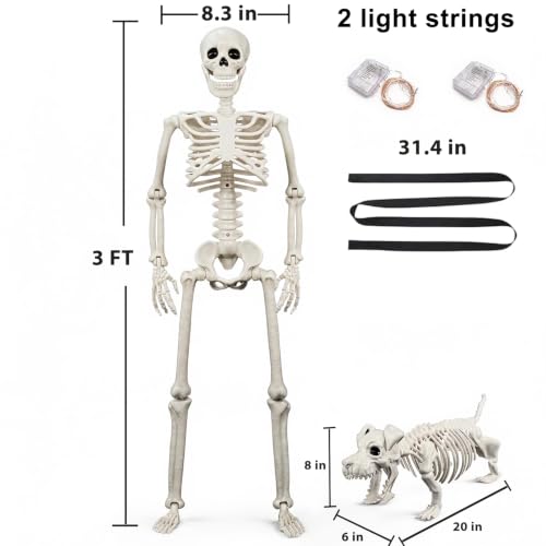 Lighted Human & Dog Skeleton Halloween Decorations Outdoor Indoor - 3FT with 2 Light Strings