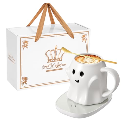 White Ghost Mug with Electric Coffee Warmer Set - 14oz, Halloween Desk Accessory