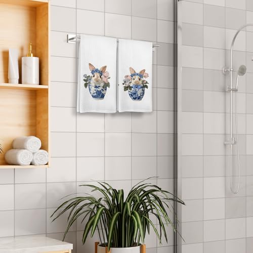 Chinoiserie Easter Bunny Kitchen Dish Towels Set of 2 - Blue & White Floral Bunny Hand Towels - Bunny-05