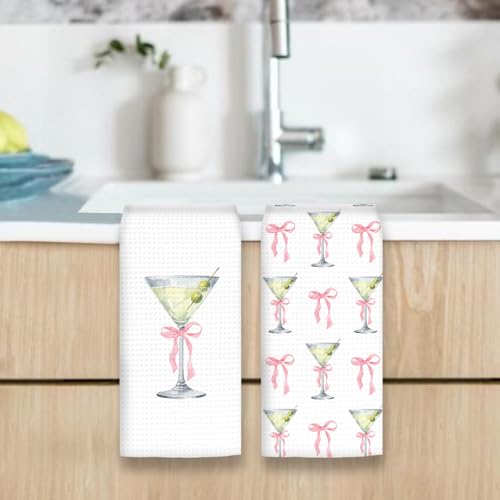 Bow Martini Decor Kitchen Towels Set of 2 - Pink Bow Martini Hand Towels