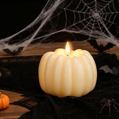 White Flameless Pumpkin Candle with Remote & Timer - Fall Decor, Real Wax, 3D LED Flame, Harvest