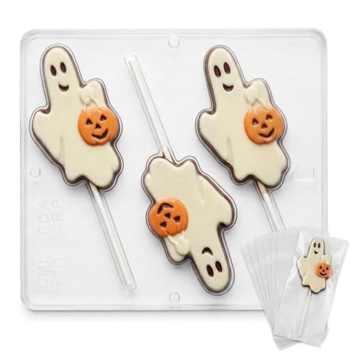 Halloween Ghost with Pumpkin Lollipop Candy Mold 911A - Food Grade Plastic, 3 Cavities