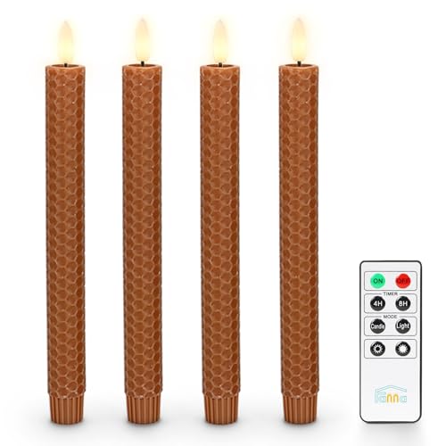 Brown Honeycomb Flameless Taper Candles with Timer & Remote - Set of 4
