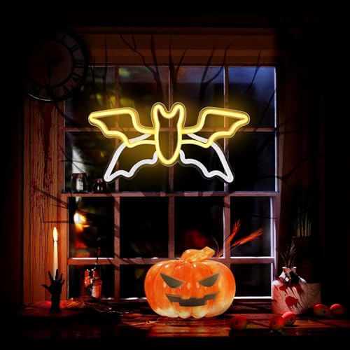 Warm Halloween Flying Bat Neon Sign - Animated Wing Flap Wall Decor