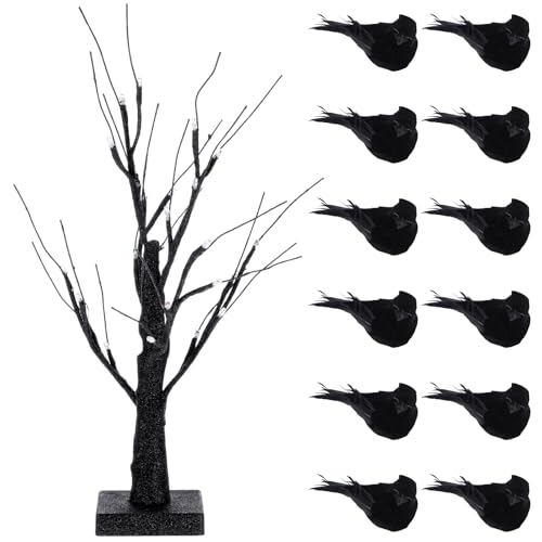 Halloween Tree & Bird Decoration Set with LED Lights - Black, 13 Pieces