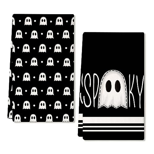 Halloween Kitchen Towels Set - Ghost & Spooky Decor, Black, 2 Pieces