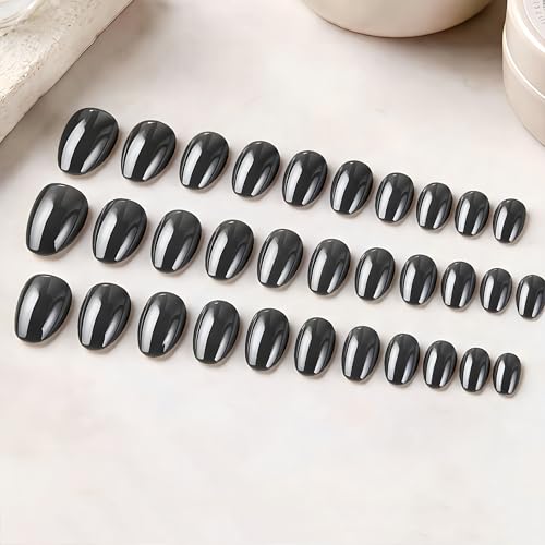 Black Chrome Short Press On Nails - 32 Pcs Glitter Mirror Fake Nails with Glue