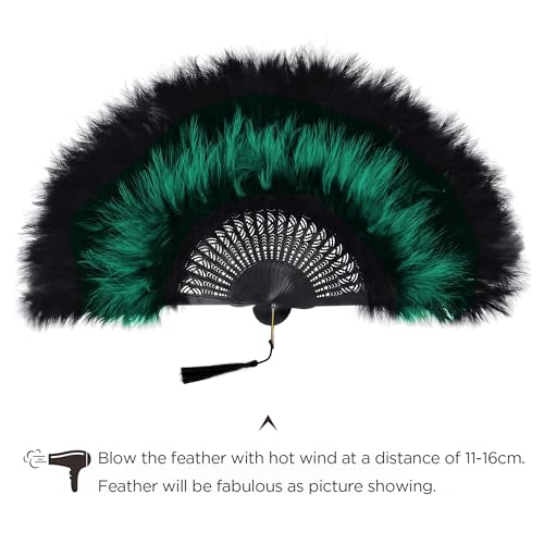 1920s Marabou Feather Folding Hand Fan - Black Green Vintage Flapper Accessory